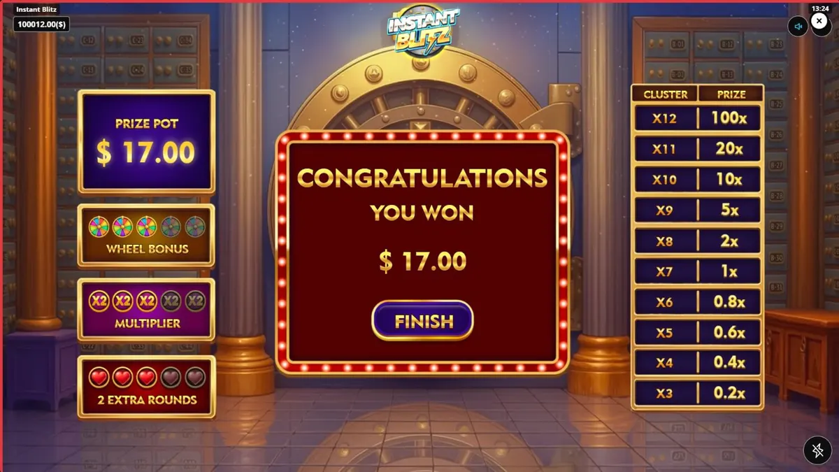 Tampilan antarmuka slot Instant Blitz dengan tema brankas neon